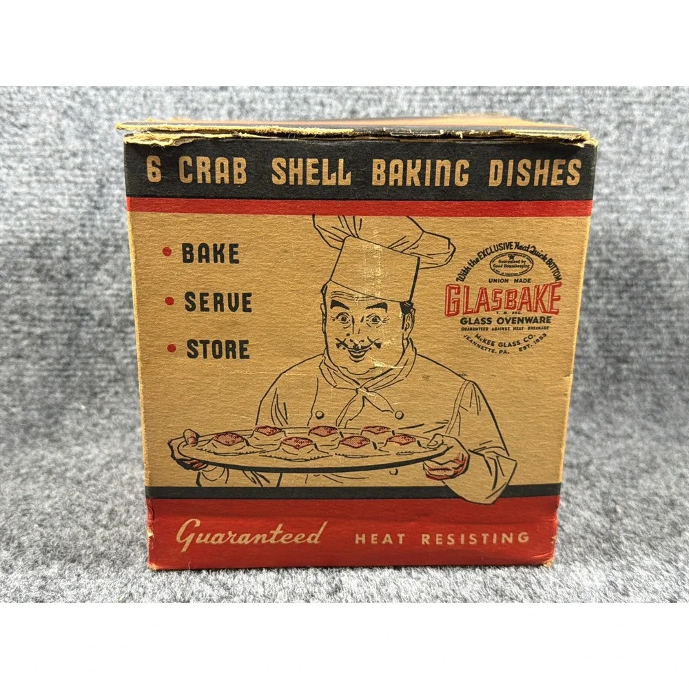 Vintage Glasbake Crab Shell Baking Dishes Set of 6 McKee Glass Co Clear Boxed
